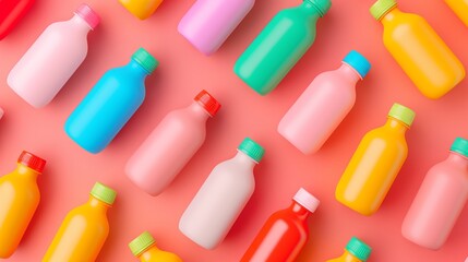 A flat lay of colorful plastic bottles on a pink surface, 3D illustration.