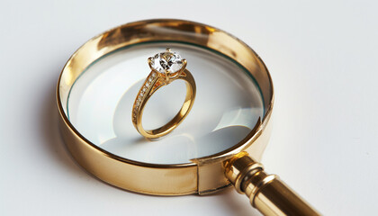 Magnifying glass focusing on engagement ring close-up detailed inspection jewelry romantic proposal love