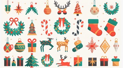 A detailed photo of 36 Christmas flat icons in high resolution, arranged in a grid on a white background. The set includes icons like reindeer, candy canes, stockings, bells, and wreaths, each