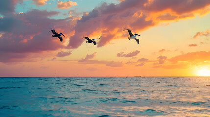 Fototapeta premium Group of pelicans gliding over turquoise waters at dawn, golden hues lighting the horizon