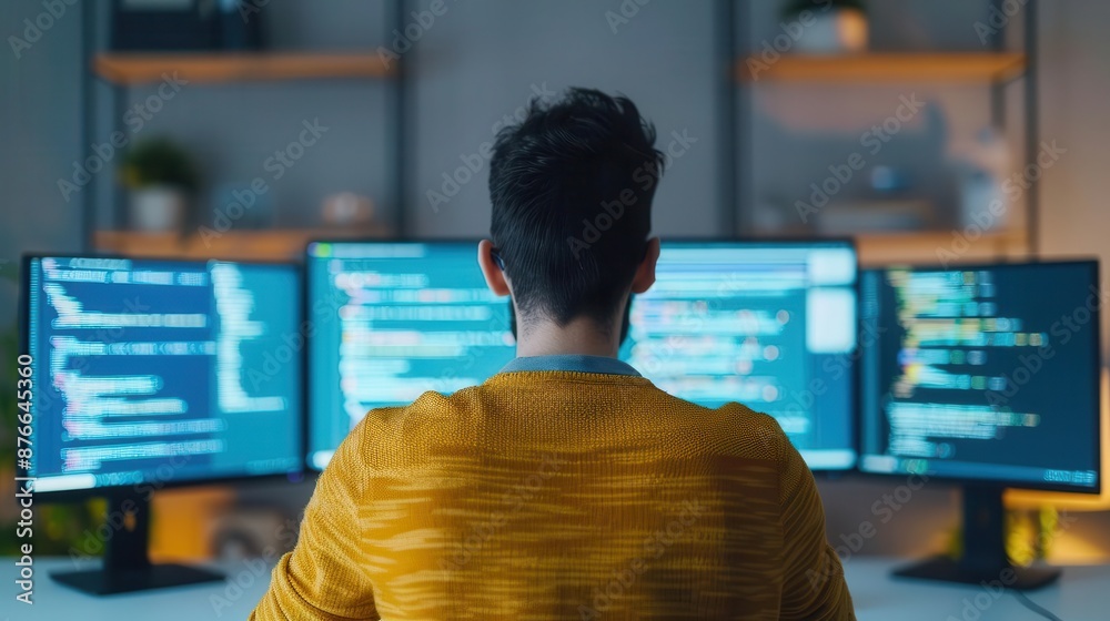 Wall mural introvert coding software at a home desk, focused tech work