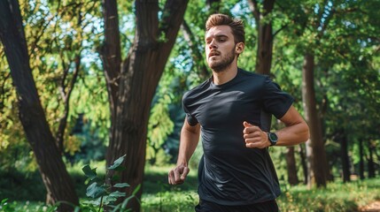 A man is running in a forest with a watch on his wrist