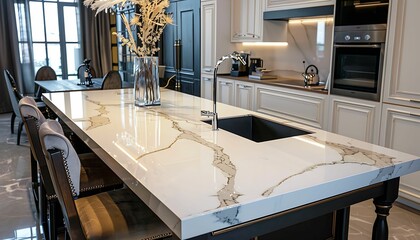 A contemporary, chic kitchen featuring stylish black and white cabinets, golden fixtures, and marble tiles.