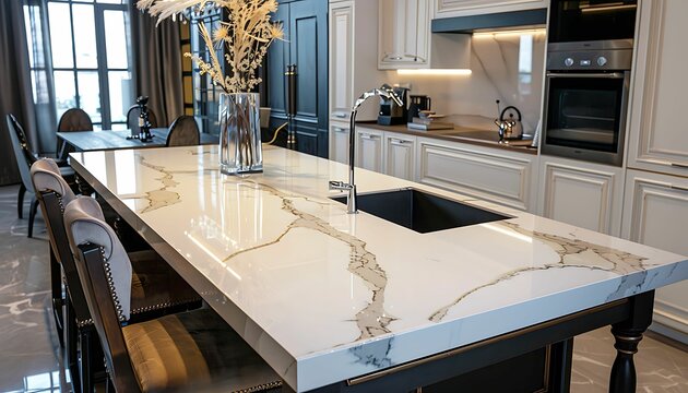 A contemporary, chic kitchen featuring stylish black and white cabinets, golden fixtures, and marble tiles.