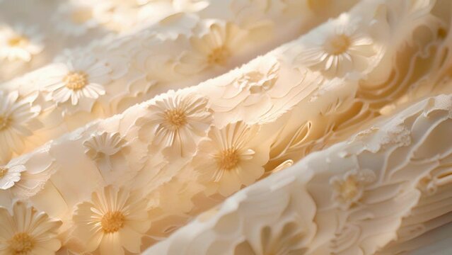 The light catches on the intricate patterns of fabric dd a a field of daisies creating a striking visual contrast.