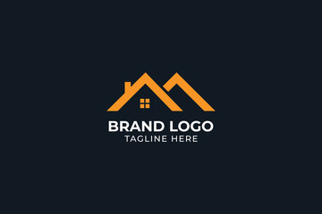 estate logo, window and chimney on the roof on black background, home or house with chimney Creative Building logo for construction company