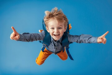 Joyful schoolboy in uniform flying with backpack, pointing ahead on blue background