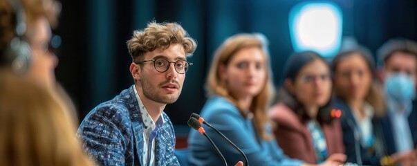 Introvert speaking on a panel discussion, contributing to public discourse