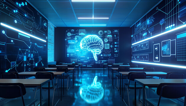 Futuristic classroom with digital brain hologram advanced technology artificial intelligence innovation modern learning