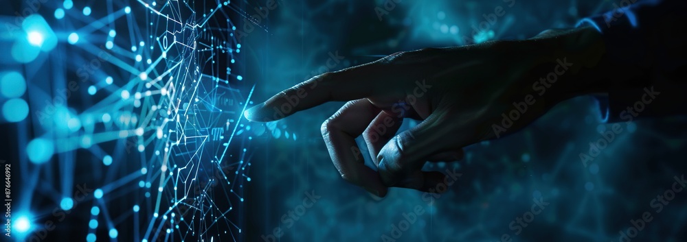 Poster fingertip interacting with futuristic digital interface of glowing blue circuitry