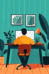 Fototapeta premium Introverted designer creating a website in solitude, web development