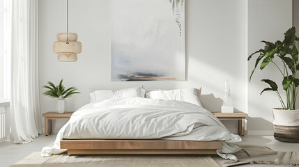 Minimalist bedroom with abstract art, platform bed, crisp white bedding, potted plant, sleek nightstand, pendant light, and serene decor. Modern simplicity