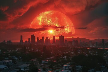 Fototapeta premium Cityscape with a Giant Red Moon