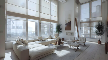 Minimalist Interior Design. Sleek Urban Loft Living Room with Clean Lines, Neutral Colors, and Large Windows