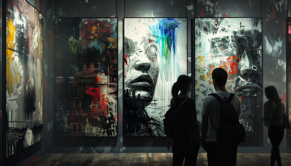 People viewing abstract art in gallery with vibrant colors and expressive faces modern art exhibit contemporary creativity