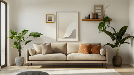 Minimalist living room with beige sofa, floating shelves, framed art, potted plants, and sleek decor accents. Contemporary home decor