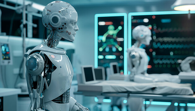 Robots in futuristic hospital with advanced medical equipment artificial intelligence healthcare innovation modern technology