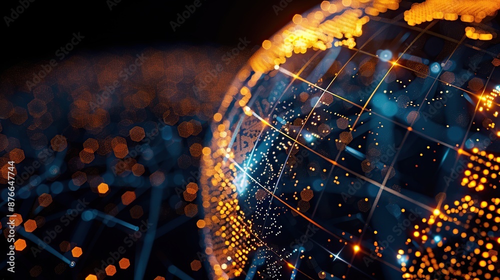 Poster glowing orange and blue globe of glowing particles representing global technology and connectivity.