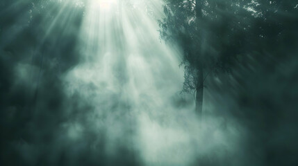 Misty forest background with blurred trees and rays of sunlight piercing through the fog, creating an ethereal and mysterious ambiance