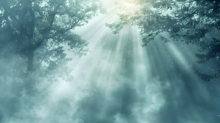 Misty forest background with blurred trees and rays of sunlight piercing through the fog, creating an ethereal and mysterious ambiance