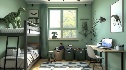 Modern and sleek kid's bedroom with a loft bed, plush dinosaur, minimalist chair, geometric rug, mint green walls, storage bins, keyboard, and wall art. Contemporary design