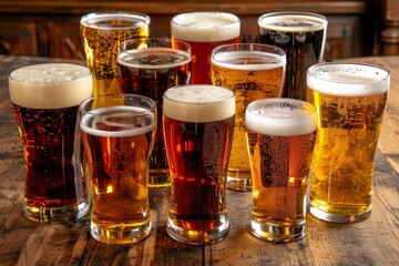 Assorted lager glasses in various sizes displayed on a table in a lively pub setting