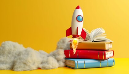 On a yellow background, a toy rocket launches from the books and begins to spew smoke. Symbol of the thirst for knowledge and education. Illustration used in schools.