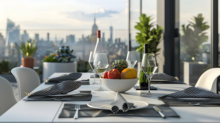 Fototapeta premium Modern urban terrace with sleek dining table, monochrome tableware, wine glasses, geometric napkins, fruit bowl, succulent vase, and cityscape view