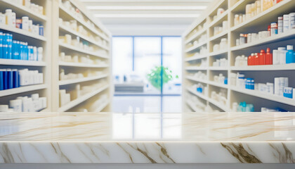 Fototapeta premium Close-up of empty marble white pharmacy background counter with checkout equipment.Pharmacy counter with point-of-sale system in clean, modern setting.