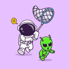 Obraz premium Cute Astronaut Catching Alien With Fishing Net Cartoon Vector Icon Illustration Science Technology Icon Concept IsolatedPremium Vector. Flat Cartoon Style