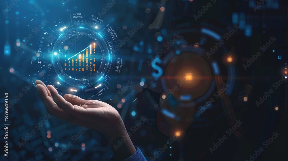 Poster hand holding glowing digital interface with financial data and growth graph in dark blue background