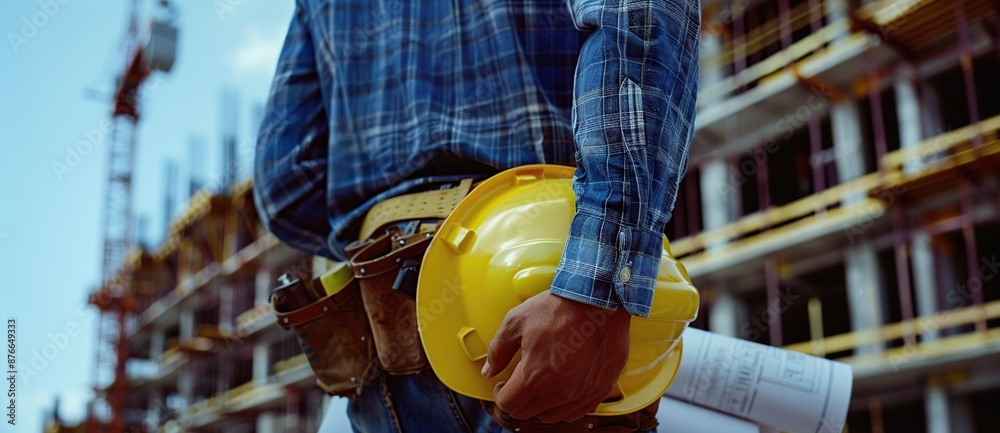 Poster Close up of a construction worker holding a yellow helmet and blueprints a building construction background.