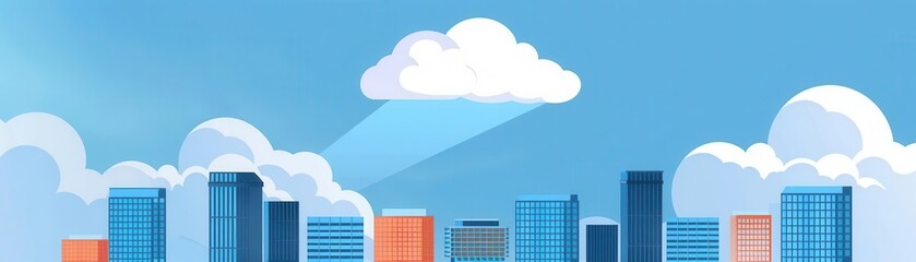 Fototapeta premium Modern cityscape with blue sky and white clouds, featuring tall buildings. Ideal for urban, architectural, and business themes.