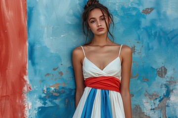 Portrait of a Woman in a White Dress Against a Blue and Red Wall