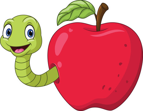 Cartoon smiling a green worm on a red apple