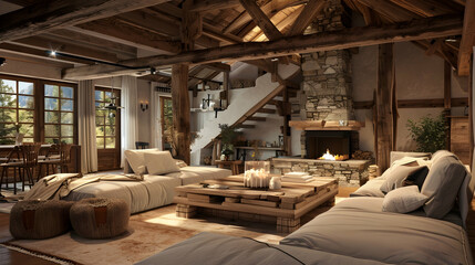 Fototapeta premium Rustic Interior Design. Cozy Cabin Living Room with Wooden Beams, Stone Fireplace, and Earthy Tones