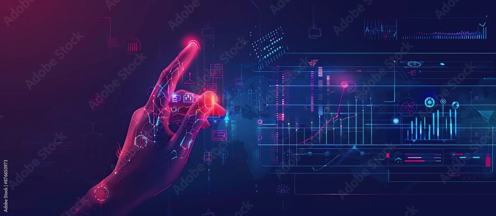Poster Futuristic digital interface with a glowing hand touching a virtual screen, technological elements.