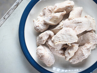 top view dish of boiled chicken breast