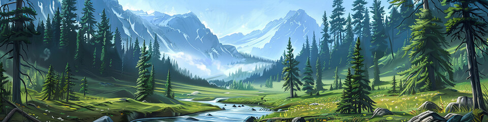 valley of authentic forests, mountain water streams and tall pine trees, generative AI