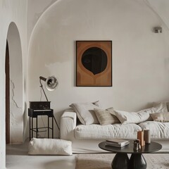 Contemporary living room wall adorned with a graphic print of a gramophone labeled "play it twice," ideal for modern interiors