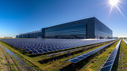 Large modern solar panel farm adjacent to a factory, under a clear blue sky, showcasing renewable energy and industrial progress.