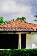 front view of an abandoned old house with unkempt weeds.