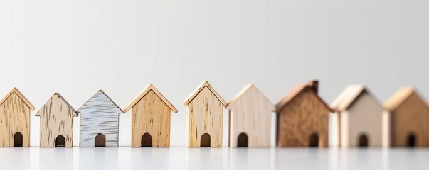 Row of small wooden house models on a light background, symbolizing real estate, property investment, and home construction.