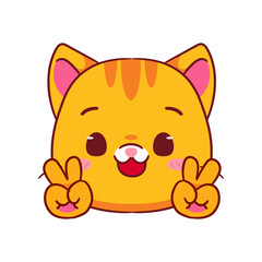 Cute Cat Poses Peace Hand Sign Gesture Cartoon Character. Adorable and Kawaii Animal Icon Mascot Concept Design. Logo Vector Illustration. Isolated White Background.