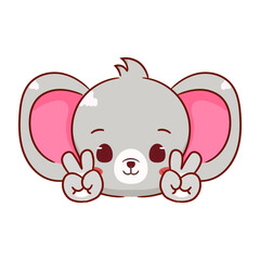 Cute mouse peace hand sign cartoon character. Adorable kawaii animal mascot vector illustration concept design. Isolated white background.