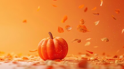 Vibrant Autumn Scene with Pumpkin and Falling Leaves on Orange Background