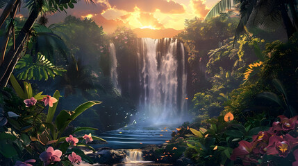 Sunset-lit waterfall in a tropical rainforest, with vibrant orchids and lush ferns framing the scene, creating a serene paradise