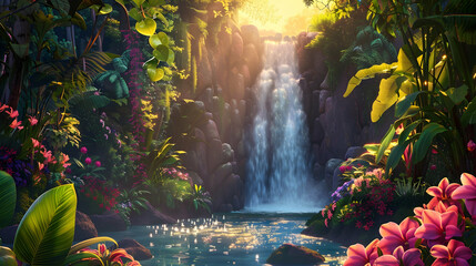 Fototapeta premium Sunset-lit waterfall in a tropical rainforest, with vibrant orchids and lush ferns framing the scene, creating a serene paradise
