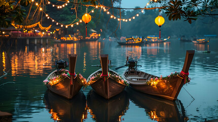 Obraz premium Traditional wooden boats adorned with floral garlands and lanterns, floating on a tranquil lake during a lantern festival in Asia