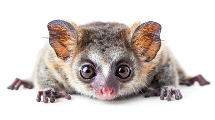 Obraz premium A bush baby in a cute pose, lying down with its large eyes focused forward, on a white background